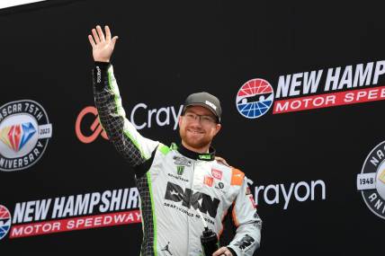 Jul 17, 2023; Loudon, New Hampshire, USA; NASCAR Cup Series driver Tyler Reddick (45) is introduced before the start of  the Crayon 301 at New Hampshire Motor Speedway. Mandatory Credit: Eric Canha-USA TODAY Sports