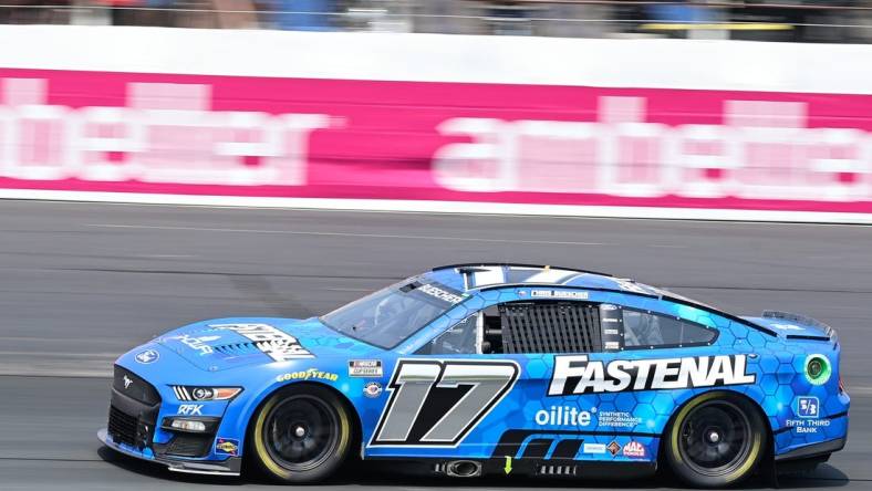 Jul 17, 2023; Loudon, New Hampshire, USA; NASCAR Cup Series driver Chris Buescher (17) during the Crayon 301 at New Hampshire Motor Speedway. Mandatory Credit: Eric Canha-USA TODAY Sports