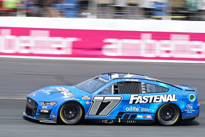 Jul 17, 2023; Loudon, New Hampshire, USA; NASCAR Cup Series driver Chris Buescher (17) during the Crayon 301 at New Hampshire Motor Speedway. Mandatory Credit: Eric Canha-USA TODAY Sports