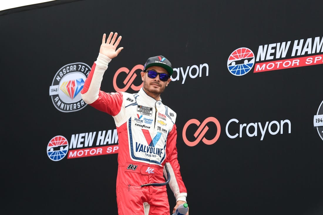 Jul 17, 2023; Loudon, New Hampshire, USA; NASCAR Cup Series driver Kyle Larson (5) is introduced before the start of  the Crayon 301 at New Hampshire Motor Speedway. Mandatory Credit: Eric Canha-USA TODAY Sports