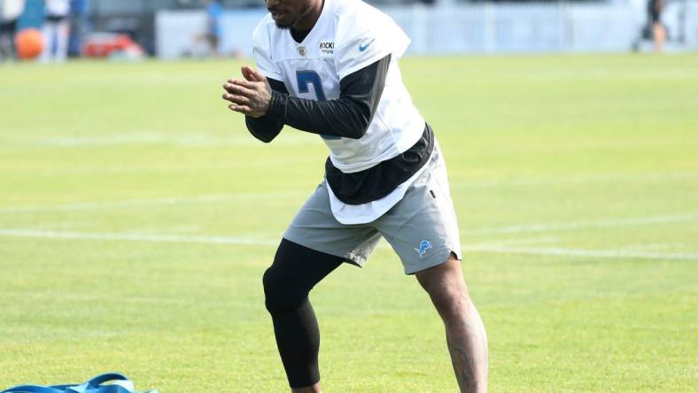 Detroit Lions C.J. Gardiner-Johnson  (85) works out on the sidelines during training camp Tuesday, July 25, 2023.