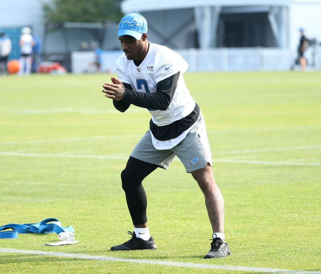 Detroit Lions C.J. Gardiner-Johnson  (85) works out on the sidelines during training camp Tuesday, July 25, 2023.