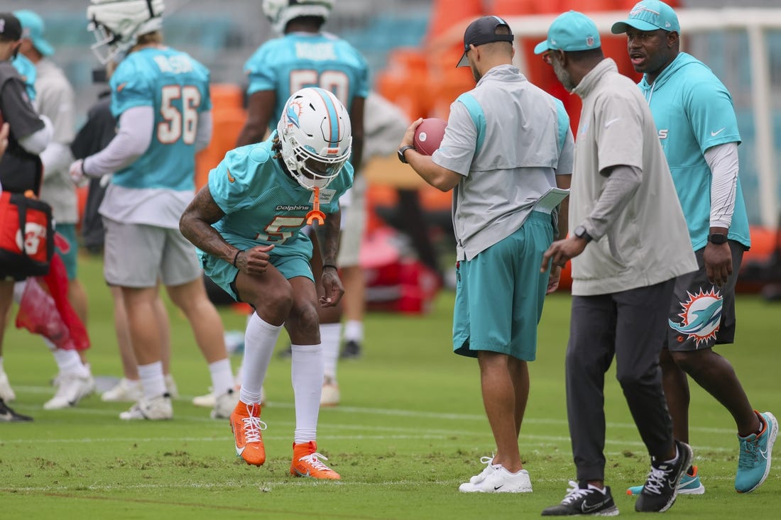 Jul 26, 2023; Miami Gardens, FL, USA; Miami Dolphins cornerback Jalen Ramsey (5) works out during training camp at Baptist Health Training Facility. Mandatory Credit: Sam Navarro-USA TODAY Sports