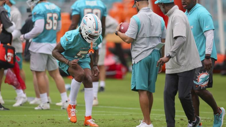 Jul 26, 2023; Miami Gardens, FL, USA; Miami Dolphins cornerback Jalen Ramsey (5) works out during training camp at Baptist Health Training Facility. Mandatory Credit: Sam Navarro-USA TODAY Sports