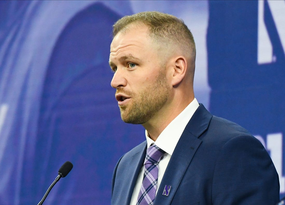 Jul 26, 2023; Indianapolis, IN, USA; Northwestern Wildcats interim head coach David Braun speaks to the media during the Big 10 football media day at Lucas Oil Stadium. Mandatory Credit: Robert Goddin-USA TODAY Sports