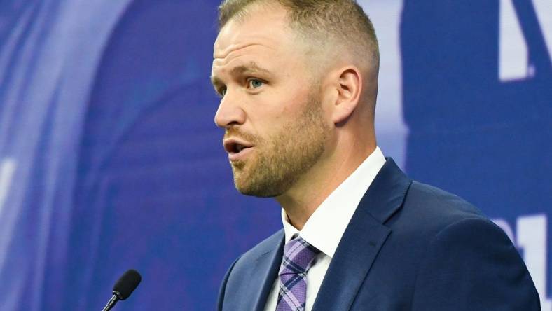 Jul 26, 2023; Indianapolis, IN, USA; Northwestern Wildcats interim head coach David Braun speaks to the media during the Big 10 football media day at Lucas Oil Stadium. Mandatory Credit: Robert Goddin-USA TODAY Sports