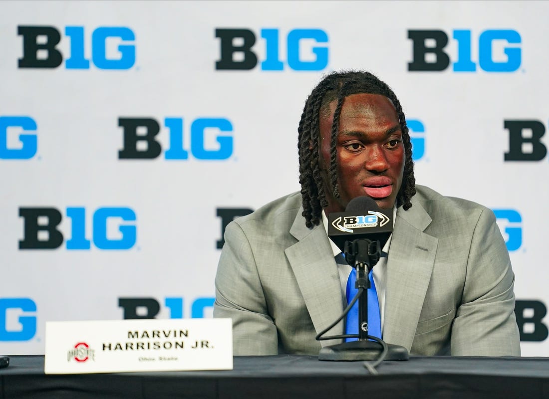 Jul 26, 2023; Indianapolis, IN, USA; Ohio State Buckeyes wide receiver Marvin Harrison Jr. speaks to the media during the Big 10 football media day at Lucas Oil Stadium. Mandatory Credit: Robert Goddin-USA TODAY Sports