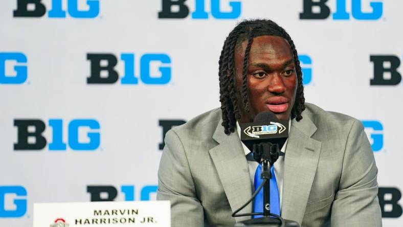 Jul 26, 2023; Indianapolis, IN, USA; Ohio State Buckeyes wide receiver Marvin Harrison Jr. speaks to the media during the Big 10 football media day at Lucas Oil Stadium. Mandatory Credit: Robert Goddin-USA TODAY Sports