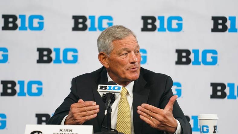 Jul 26, 2023; Indianapolis, IN, USA; Iowa Hawkeyes head coach Kirk Ferentz speaks to the media during the Big 10 football media day at Lucas Oil Stadium. Mandatory Credit: Robert Goddin-USA TODAY Sports