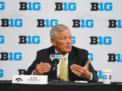 Jul 26, 2023; Indianapolis, IN, USA; Iowa Hawkeyes head coach Kirk Ferentz speaks to the media during the Big 10 football media day at Lucas Oil Stadium. Mandatory Credit: Robert Goddin-USA TODAY Sports
