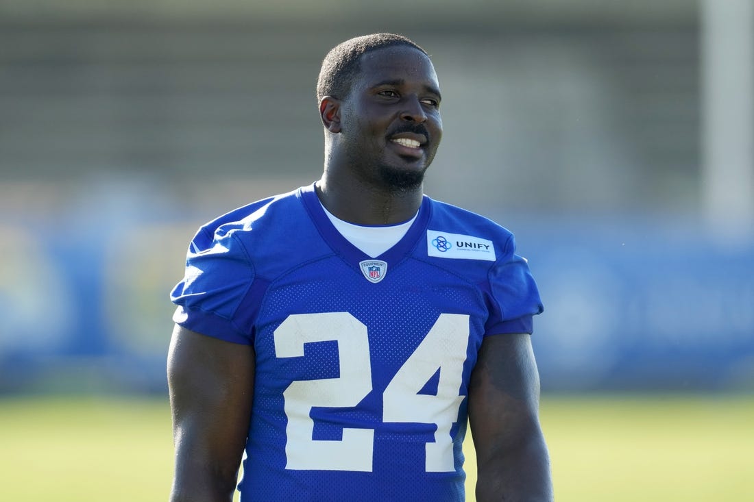 Jul 26, 2023; Irvine, CA, USA; Los Angeles Rams running back Sony Michel (24) during training camp at UC Irvine. Mandatory Credit: Kirby Lee-USA TODAY Sports