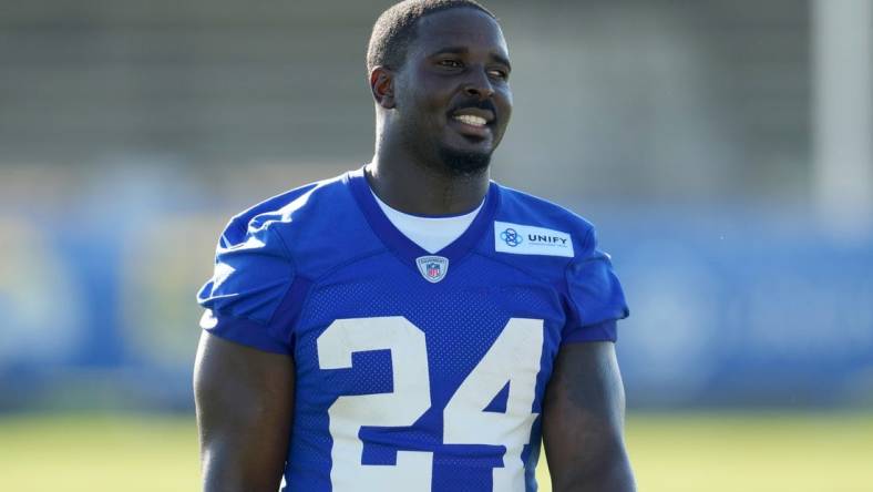 Jul 26, 2023; Irvine, CA, USA; Los Angeles Rams running back Sony Michel (24) during training camp at UC Irvine. Mandatory Credit: Kirby Lee-USA TODAY Sports