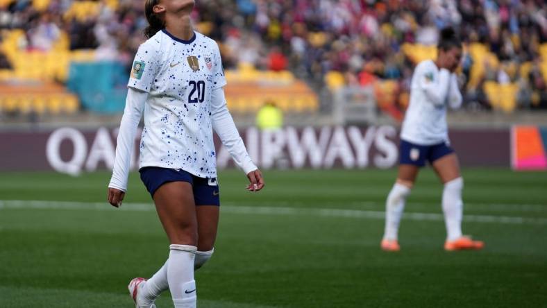 Jul 27, 2023; Wellington, NZL; United States forward Trinity Rodman (20) reacts after missing a shot against the Netherlands during the second half in a group stage match for the 2023 FIFA Women's World Cup at Wellington Regional Stadium. Mandatory Credit: Jenna Watson-USA TODAY Sports