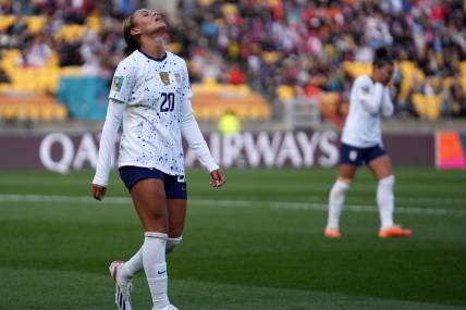 Jul 27, 2023; Wellington, NZL; United States forward Trinity Rodman (20) reacts after missing a shot against the Netherlands during the second half in a group stage match for the 2023 FIFA Women's World Cup at Wellington Regional Stadium. Mandatory Credit: Jenna Watson-USA TODAY Sports