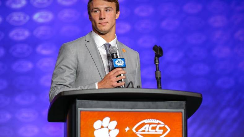 Jul 27, 2023; Charlotte, NC, USA; Clemson quarterback Cade Klubnik answers questions from the media during the ACC 2023 Kickoff at The Westin Charlotte. Mandatory Credit: Jim Dedmon-USA TODAY Sports