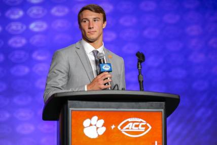 Jul 27, 2023; Charlotte, NC, USA; Clemson quarterback Cade Klubnik answers questions from the media during the ACC 2023 Kickoff at The Westin Charlotte. Mandatory Credit: Jim Dedmon-USA TODAY Sports