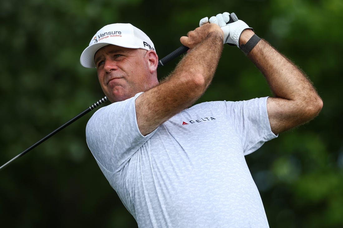 Jul 27, 2023; Blaine, Minnesota, USA; Stewart Cink hits his tee shot on the 11th hole during the first round of the 3M Open golf tournament. Mandatory Credit: Matt Krohn-USA TODAY Sports