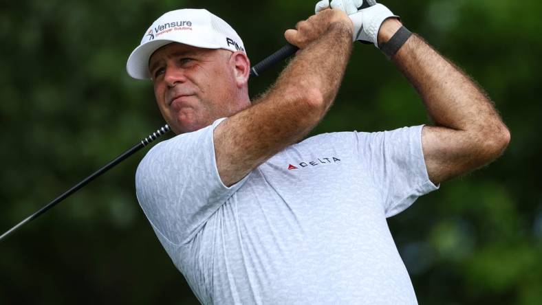 Jul 27, 2023; Blaine, Minnesota, USA; Stewart Cink hits his tee shot on the 11th hole during the first round of the 3M Open golf tournament. Mandatory Credit: Matt Krohn-USA TODAY Sports