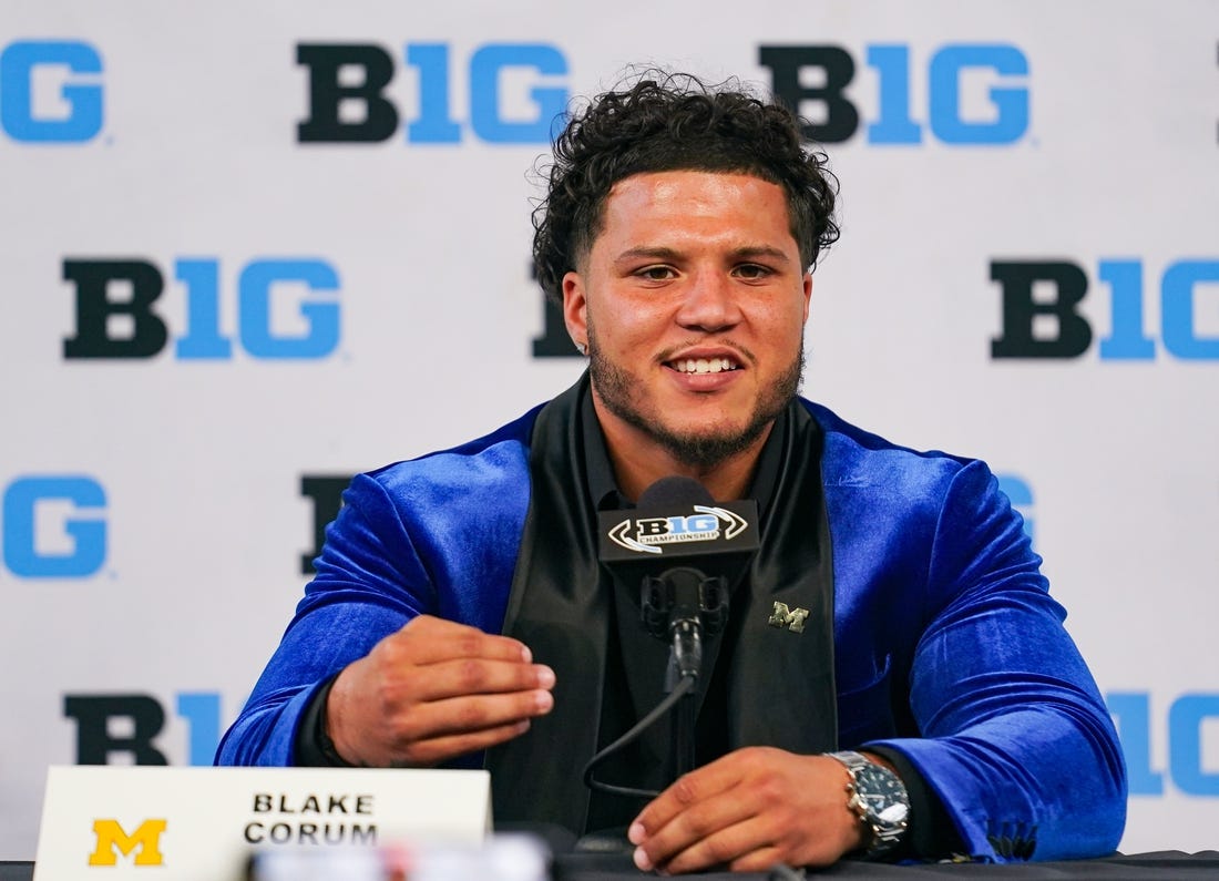 Jul 27, 2023; Indianapolis, IN, USA;  Michigan Wolverines running back Blake Corum speaks to the media during the Big 10 football media day at Lucas Oil Stadium. Mandatory Credit: Robert Goddin-USA TODAY Sports