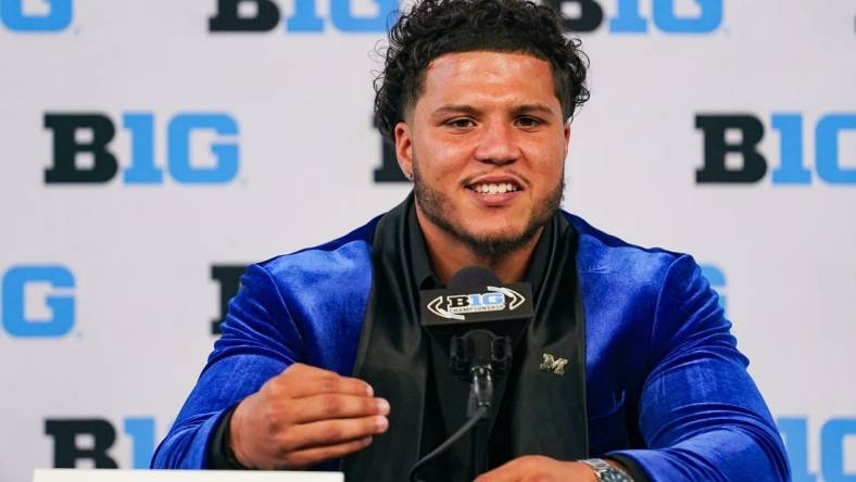 Jul 27, 2023; Indianapolis, IN, USA;  Michigan Wolverines running back Blake Corum speaks to the media during the Big 10 football media day at Lucas Oil Stadium. Mandatory Credit: Robert Goddin-USA TODAY Sports