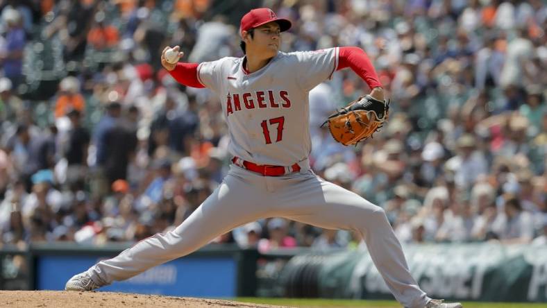 Jul 27, 2023; Detroit, Michigan, USA; Los Angeles Angels starting pitcher Shohei Ohtani (17) pitches in the fourth inning against the Detroit Tigers at Comerica Park. Mandatory Credit: Rick Osentoski-USA TODAY Sports