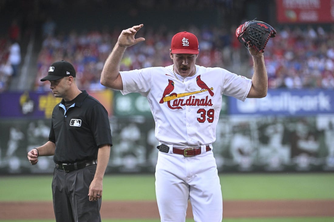 Jul 27, 2023; St. Louis, Missouri, USA; St. Louis Cardinals starting pitcher Miles Mikolas (39) reacts after being ejected in a game against the Chicago Cubs in the first inning at Busch Stadium. Mandatory Credit: Joe Puetz-USA TODAY Sports