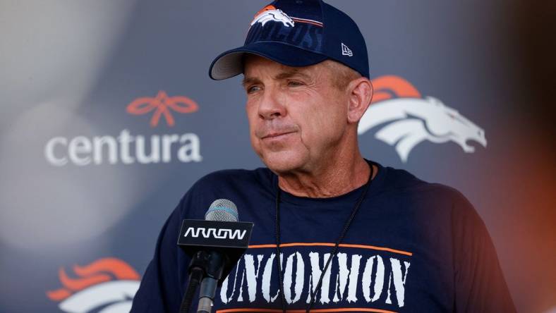 Jul 28, 2023; Englewood, CO, USA; Denver Broncos head coach Sean Payton dresses the media after training camp at Centura Health Training Center. Mandatory Credit: Isaiah J. Downing-USA TODAY Sports