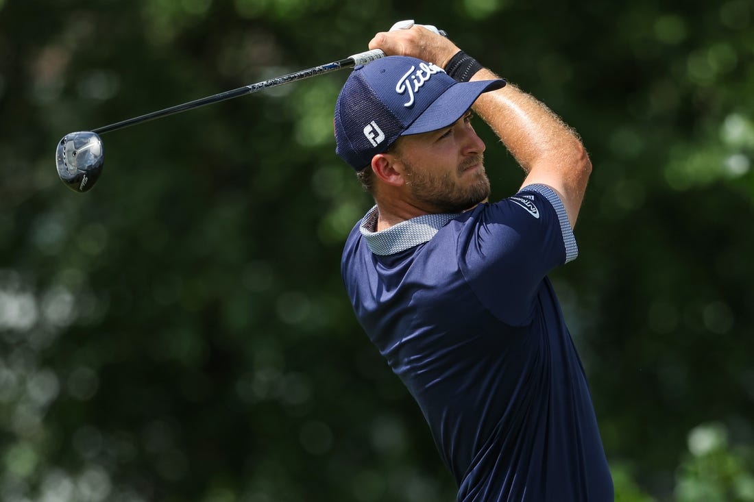 Jul 28, 2023; Blaine, Minnesota, USA; Lee Hodges hits his tee shot on the fifth hole during the second round of the 3M Open golf tournament. Mandatory Credit: Matt Krohn-USA TODAY Sports