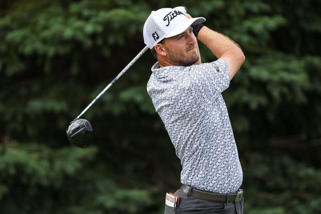 Jul 29, 2023; Blaine, Minnesota, USA; Lee Hodges hits his tee shot on the second hole during the third round of the 3M Open golf tournament. Mandatory Credit: Matt Krohn-USA TODAY Sports