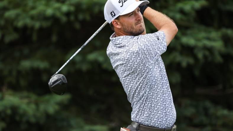 Jul 29, 2023; Blaine, Minnesota, USA; Lee Hodges hits his tee shot on the second hole during the third round of the 3M Open golf tournament. Mandatory Credit: Matt Krohn-USA TODAY Sports