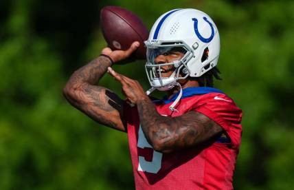 Indianapolis Colts quarterback Anthony Richardson (5) throws the ball Saturday, July 29, 2023, during Colts Training Back Together Weekend at Grand Park in Westfield.