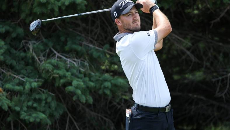 Jul 30, 2023; Blaine, Minnesota, USA; Lee Hodges hits his tee shot on the second hole during the final round of the 3M Open golf tournament. Mandatory Credit: Matt Krohn-USA TODAY Sports