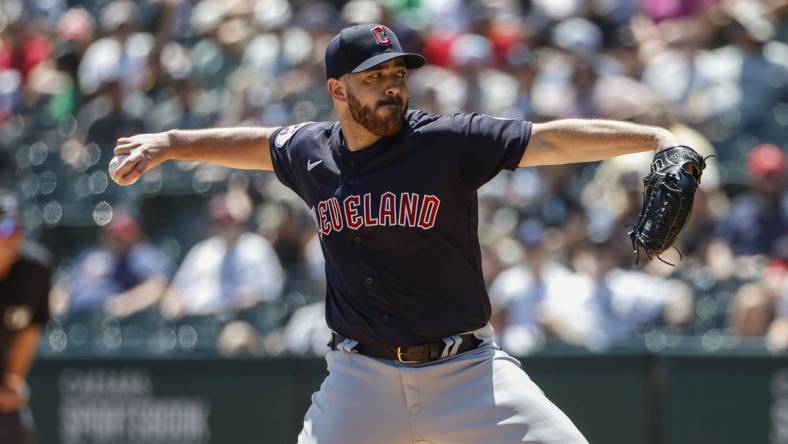 Jul 30, 2023; Chicago, Illinois, USA; Cleveland Guardians starting pitcher Aaron Civale (43) delivers a pitch against the Chicago White Sox during the first inning at Guaranteed Rate Field. Mandatory Credit: Kamil Krzaczynski-USA TODAY Sports