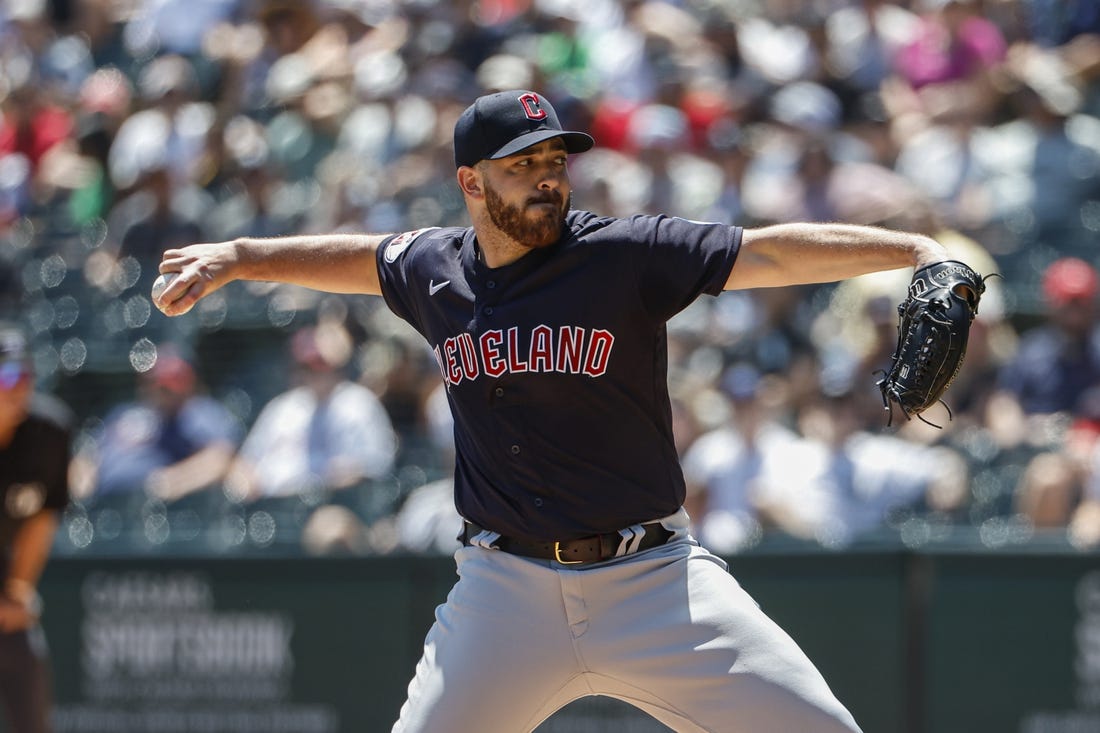 Jul 30, 2023; Chicago, Illinois, USA; Cleveland Guardians starting pitcher Aaron Civale (43) delivers a pitch against the Chicago White Sox during the first inning at Guaranteed Rate Field. Mandatory Credit: Kamil Krzaczynski-USA TODAY Sports