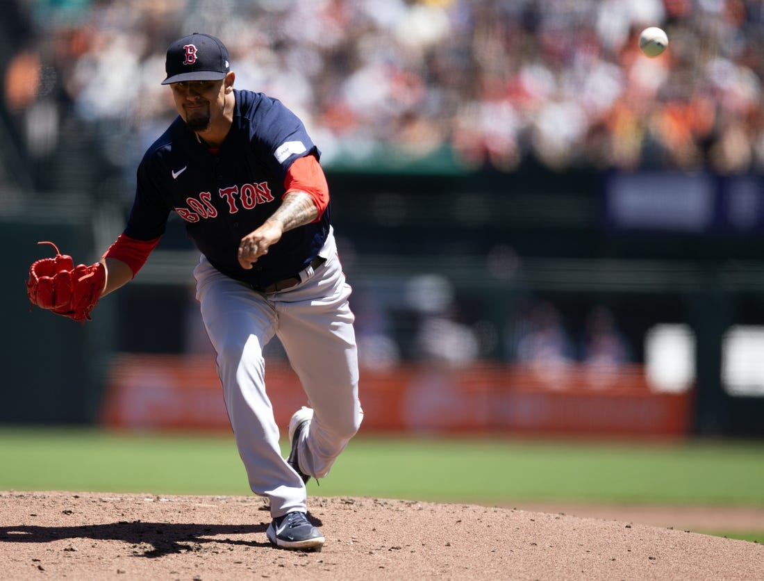 Jul 30, 2023; San Francisco, California, USA; Boston Red Sox starting pitcher Brennan Bernardino (83) delivers a pitch against the San Francisco Giants during the first inning at Oracle Park. Mandatory Credit: D. Ross Cameron-USA TODAY Sports