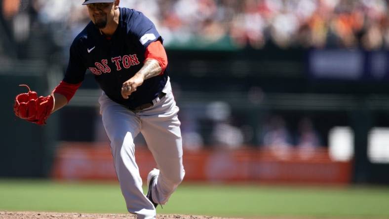 Jul 30, 2023; San Francisco, California, USA; Boston Red Sox starting pitcher Brennan Bernardino (83) delivers a pitch against the San Francisco Giants during the first inning at Oracle Park. Mandatory Credit: D. Ross Cameron-USA TODAY Sports