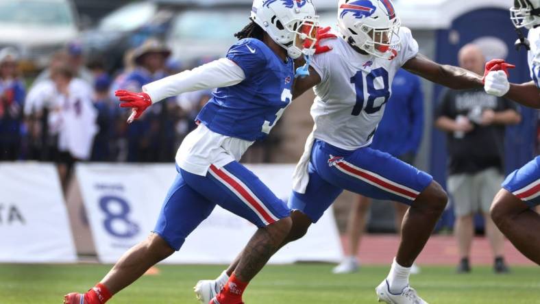 Damar Hamlin blocks Justin Shorter to the outside during special teams drills. This was the first time Hamlin has been in pads since he had a cardiac event during a game last season.