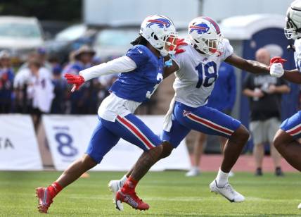Damar Hamlin blocks Justin Shorter to the outside during special teams drills. This was the first time Hamlin has been in pads since he had a cardiac event during a game last season.