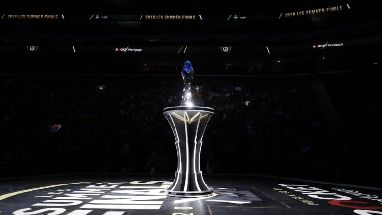 Aug 25, 2019; Detroit, MI, USA; The LCS trophy awaits the winner during the LCS Summer Finals event between Team Liquid and Cloud9 at Little Caesars Arena. Mandatory Credit: Raj Mehta-USA TODAY Sports