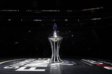 Aug 25, 2019; Detroit, MI, USA; The LCS trophy awaits the winner during the LCS Summer Finals event between Team Liquid and Cloud9 at Little Caesars Arena. Mandatory Credit: Raj Mehta-USA TODAY Sports
