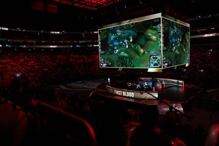 Little Caesars Arena lights up red as the first kill is made in the 2019 LCS Summer Finals in Detroit, Mich., Sunday, August 25, 2019.

Lcs 082519 19 04