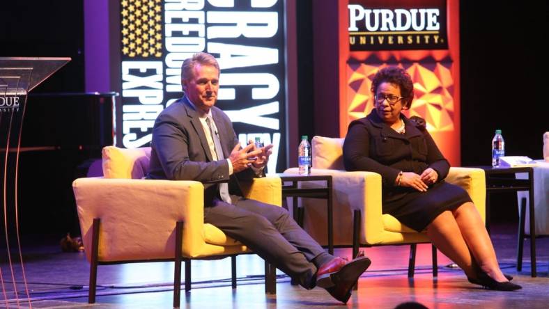 Former U.S. Sen. Jeff Flake and Loretta Lynch, 83rd U.S. attorney general, during    Democracy, Civility, and Freedom of Expression    at Purdue University   s Loeb Playhouse on Jan. 22.

Flake and Lynch Purdue