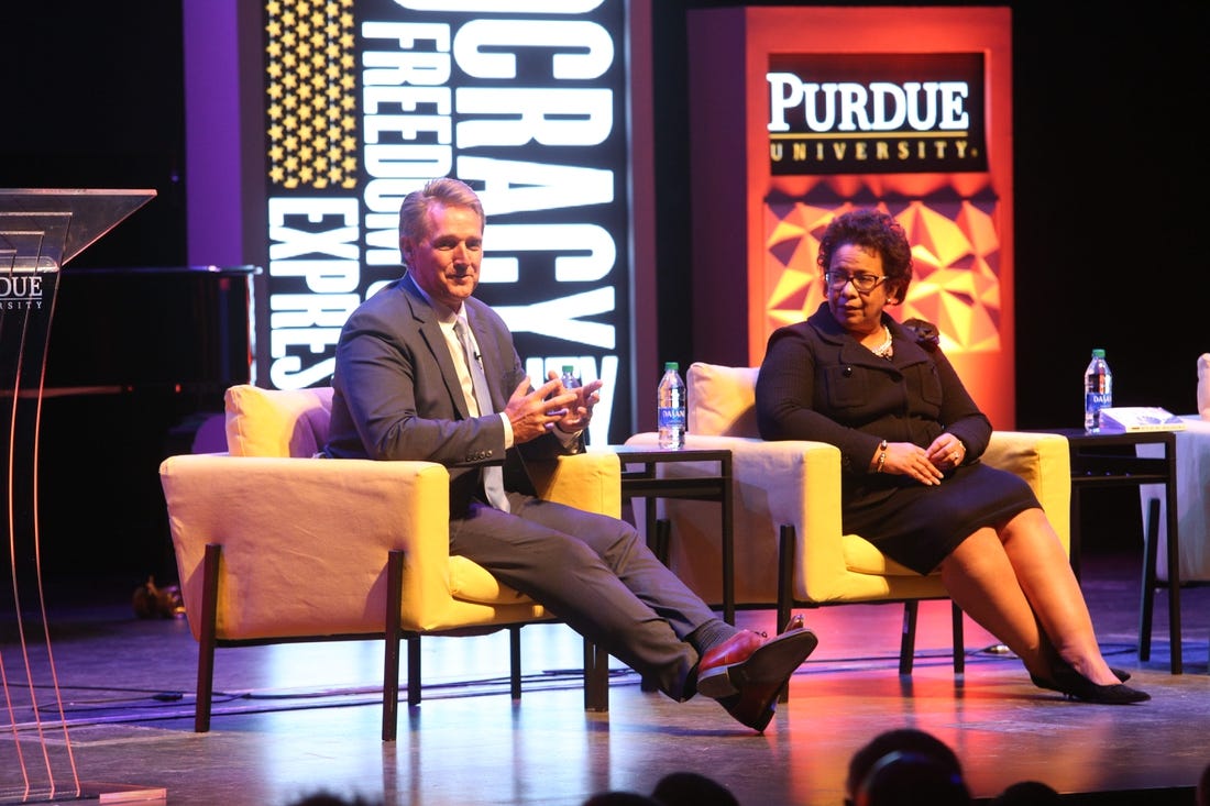 Former U.S. Sen. Jeff Flake and Loretta Lynch, 83rd U.S. attorney general, during    Democracy, Civility, and Freedom of Expression    at Purdue University   s Loeb Playhouse on Jan. 22.

Flake and Lynch Purdue