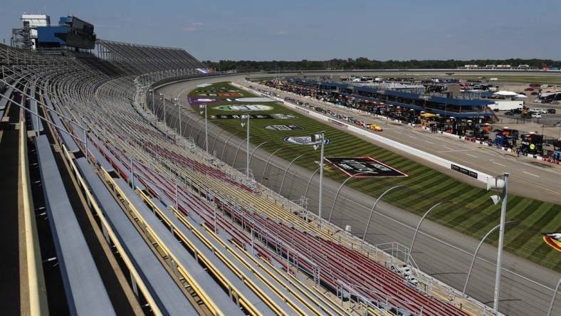 Aug 8, 2020; Brooklyn, Michigan, USA; A view from atop the empty bleachers looking down the front stretch before the NASCAR Cup Series race at Michigan International Speedway. Mandatory Credit: Raj Mehta-USA TODAY Sports