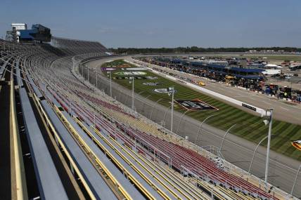 Aug 8, 2020; Brooklyn, Michigan, USA; A view from atop the empty bleachers looking down the front stretch before the NASCAR Cup Series race at Michigan International Speedway. Mandatory Credit: Raj Mehta-USA TODAY Sports