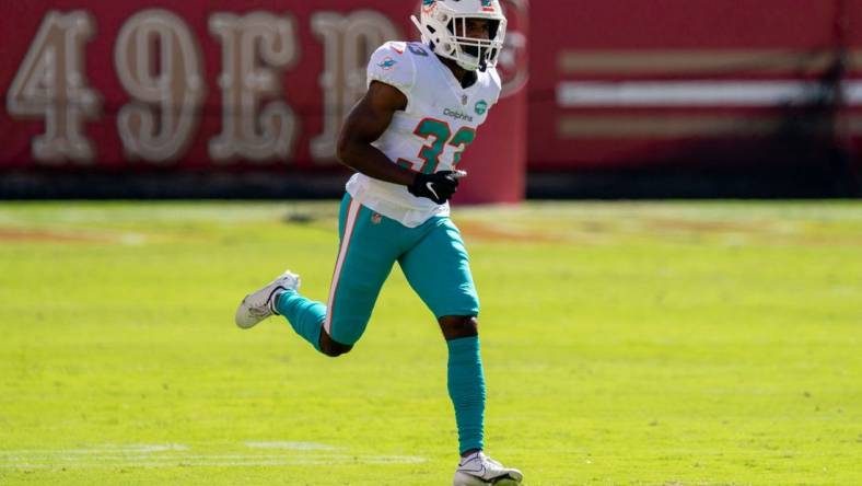 October 11, 2020; Santa Clara, California, USA; Miami Dolphins cornerback Jamal Perry (33) during the first quarter against the San Francisco 49ers at Levi's Stadium. Mandatory Credit: Kyle Terada-USA TODAY Sports