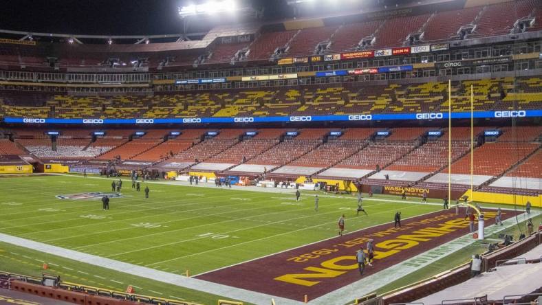 Jan 9, 2021; Landover, Maryland, USA; General view of FedEx Field before the game between the Washington Football Team and the Tampa Bay Buccaneers. Mandatory Credit: Brad Mills-USA TODAY Sports