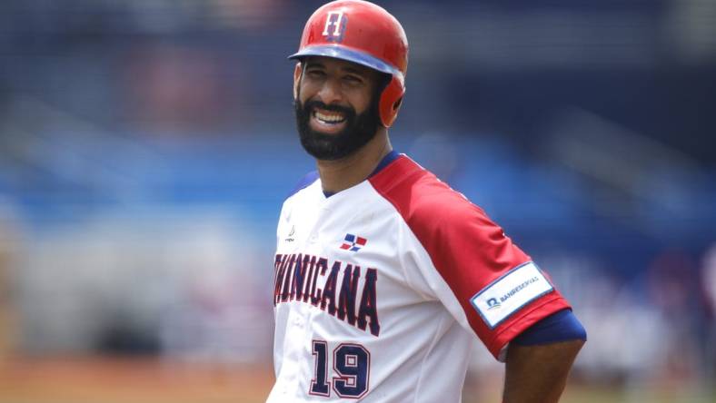 Jun 2, 2021; St. Lucie, Florida, USA; Dominican Republic first baseman Jose Bautista (19) reacts from first base against Nicaragua during the WBSC Baseball Americas Qualifier series at Clover Park. Mandatory Credit: Sam Navarro-USA TODAY Sports