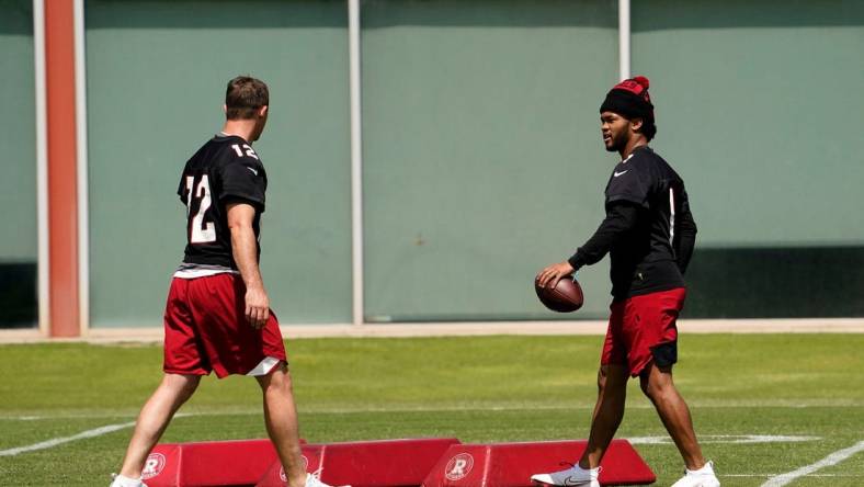 Jun 2, 2021; Tempe, Arizona, USA; Arizona Cardinals quarterbacks Colt McCoy (12) and Kyler Murray (1) during voluntary Organized Team Activities at Dignity Health Training Facility. Mandatory Credit: Rob Schumacher/Arizona Republic-USA TODAY NETWORK

Nfl Arizona Cardinals Otas