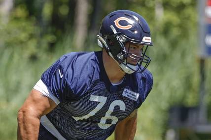 Jun 16, 2021; Lake Forest, Illinois, USA; Chicago Bears Teven Jenkins in action during minicamp at Halas Hall. Mandatory Credit: Kamil Krzaczynski-USA TODAY Sports